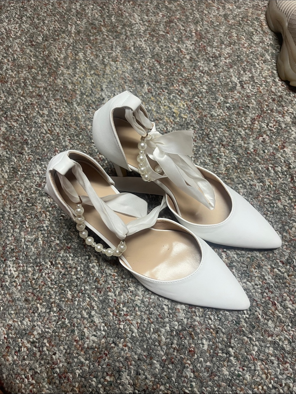 SHEIN White Pointed Pearl Ankle Tie Heels